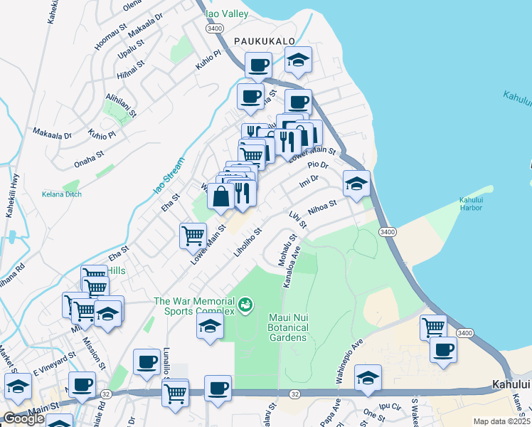 map of restaurants, bars, coffee shops, grocery stores, and more near 471 Liholiho Street in Wailuku