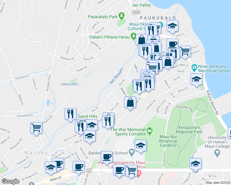 map of restaurants, bars, coffee shops, grocery stores, and more near 12 Waipaa Lane in Wailuku