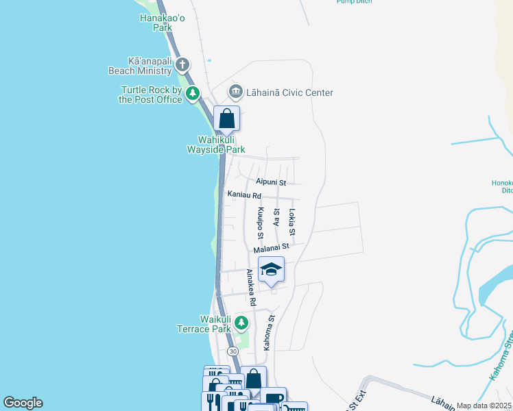 map of restaurants, bars, coffee shops, grocery stores, and more near 1653 Kuuipo Street in Lahaina