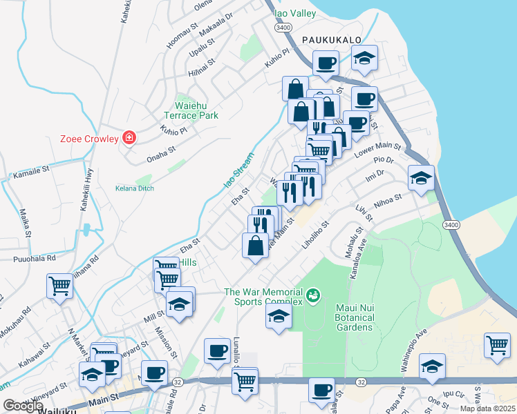 map of restaurants, bars, coffee shops, grocery stores, and more near 33 Waiaka Lane in Wailuku