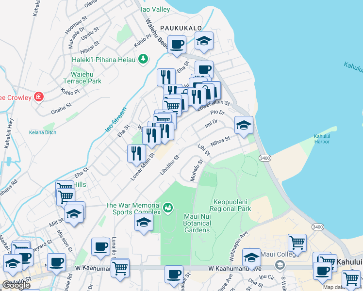map of restaurants, bars, coffee shops, grocery stores, and more near 471 Liholiho Street in Wailuku