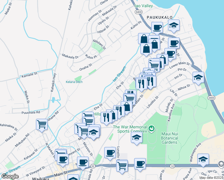 map of restaurants, bars, coffee shops, grocery stores, and more near 11 Iao Place in Wailuku