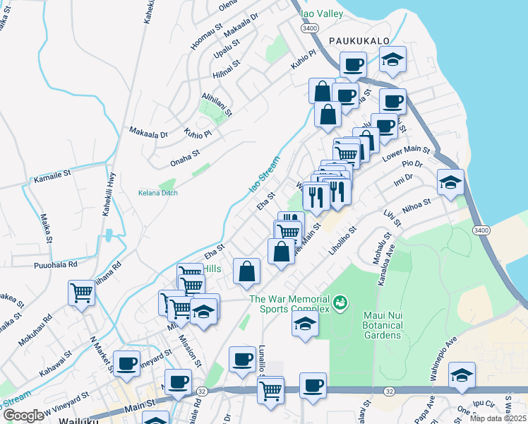 map of restaurants, bars, coffee shops, grocery stores, and more near 11 Waipaa Lane in Wailuku