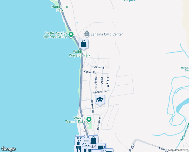 map of restaurants, bars, coffee shops, grocery stores, and more near 1653 Kuuipo Street in Lahaina