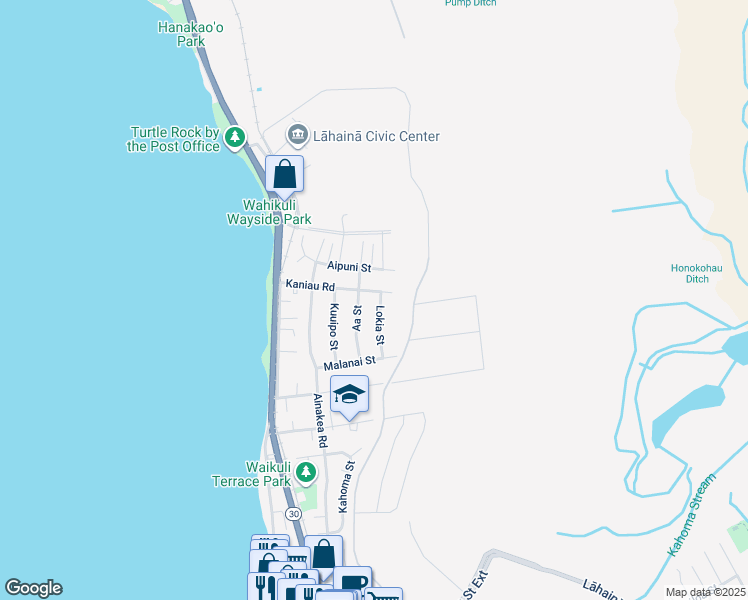 map of restaurants, bars, coffee shops, grocery stores, and more near 1651 Lokia Street in Lahaina
