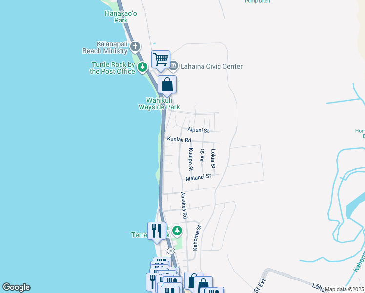 map of restaurants, bars, coffee shops, grocery stores, and more near 1656 Ainakea Road in Lahaina