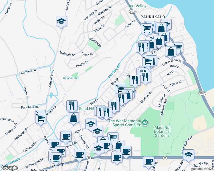map of restaurants, bars, coffee shops, grocery stores, and more near 11 Iao Place in Wailuku