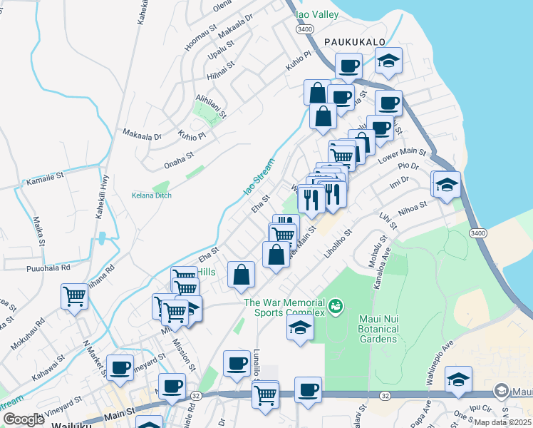 map of restaurants, bars, coffee shops, grocery stores, and more near 25 Waipaa Lane in Wailuku