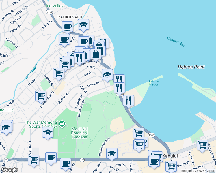map of restaurants, bars, coffee shops, grocery stores, and more near 441 Kanaloa Avenue in Kahului