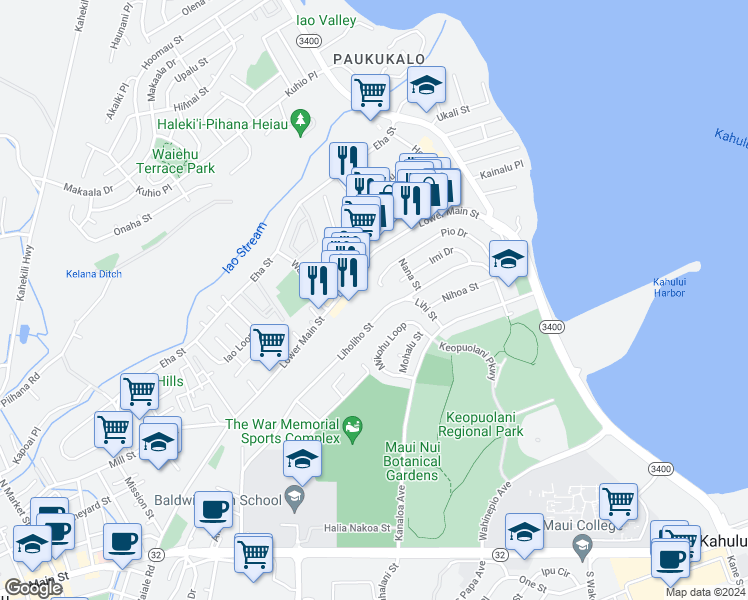 map of restaurants, bars, coffee shops, grocery stores, and more near 479 Pio Drive in Wailuku