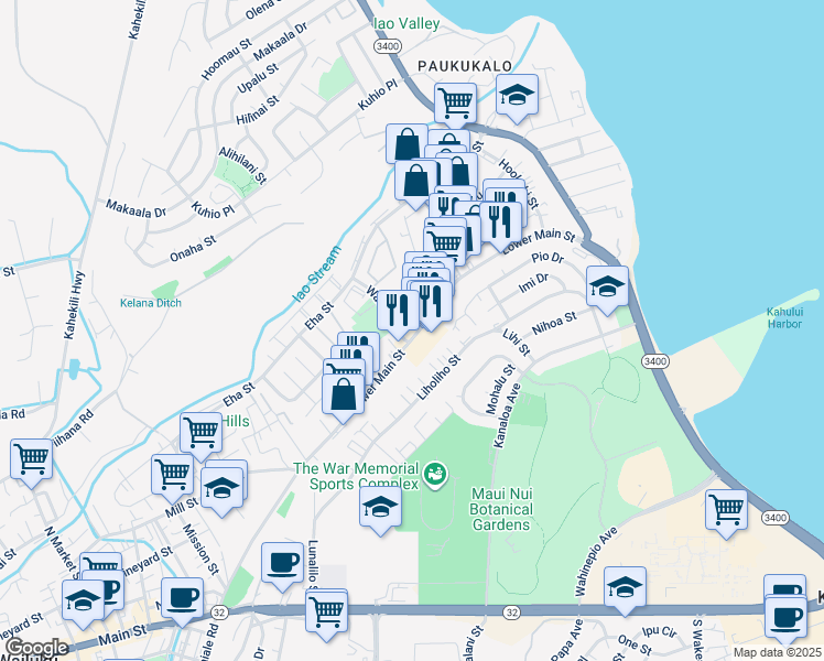map of restaurants, bars, coffee shops, grocery stores, and more near 1088 Lower Main Street in Wailuku