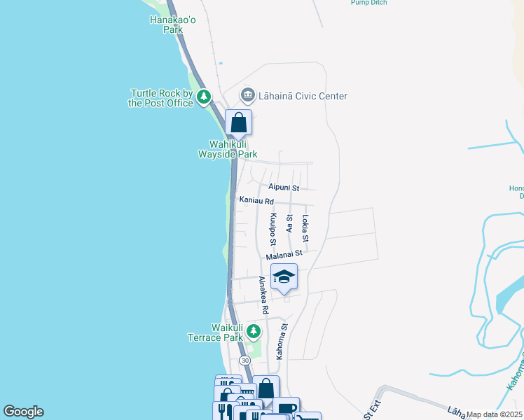 map of restaurants, bars, coffee shops, grocery stores, and more near 1656 Ainakea Road in Lahaina