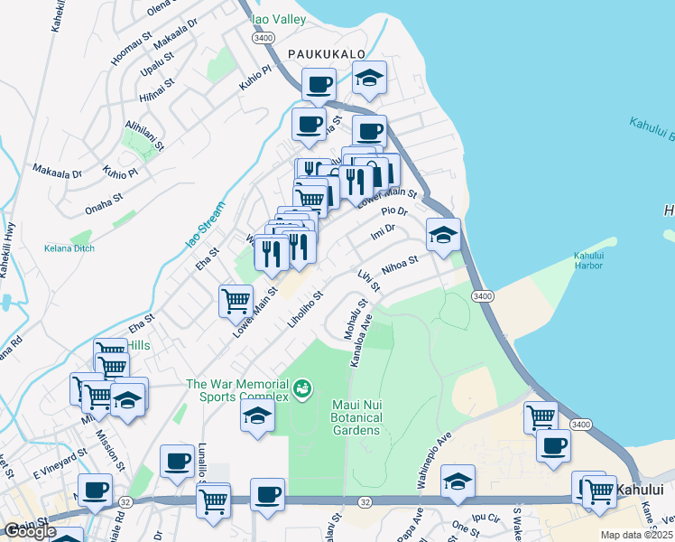 map of restaurants, bars, coffee shops, grocery stores, and more near 495 Liholiho Street in Wailuku