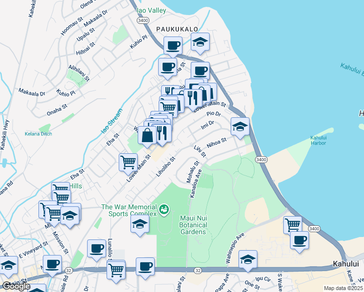 map of restaurants, bars, coffee shops, grocery stores, and more near 495 Liholiho Street in Wailuku