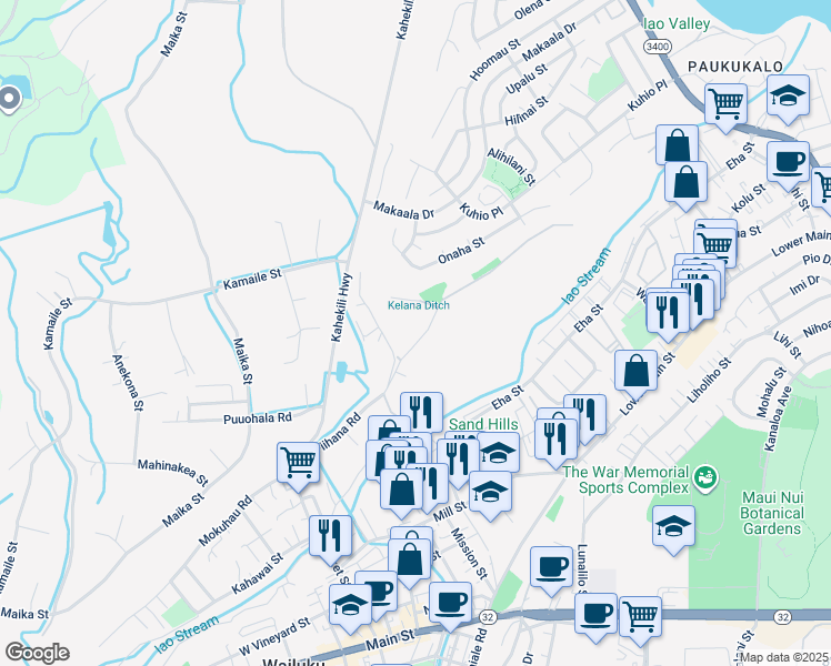 map of restaurants, bars, coffee shops, grocery stores, and more near 1516 Piihana Road in Wailuku