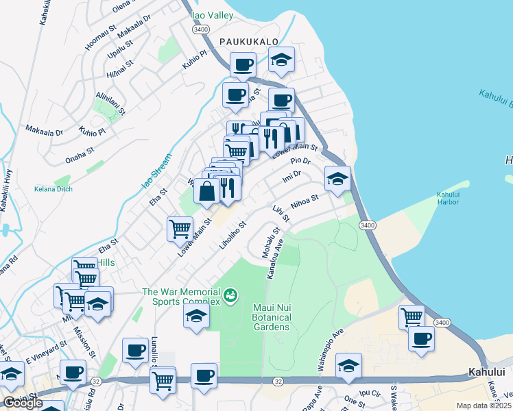 map of restaurants, bars, coffee shops, grocery stores, and more near 495 Liholiho Street in Wailuku