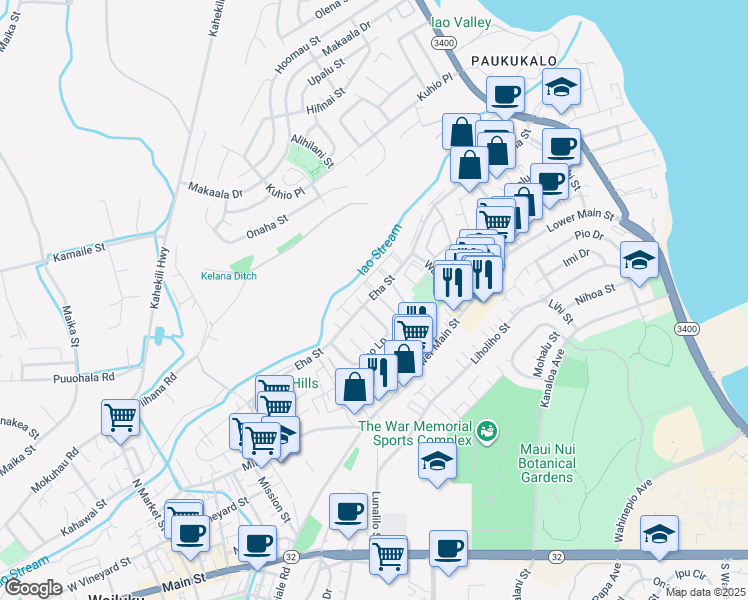 map of restaurants, bars, coffee shops, grocery stores, and more near 12 Waipaa Lane in Wailuku
