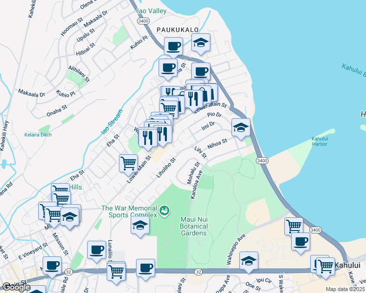 map of restaurants, bars, coffee shops, grocery stores, and more near 495 Liholiho Street in Wailuku