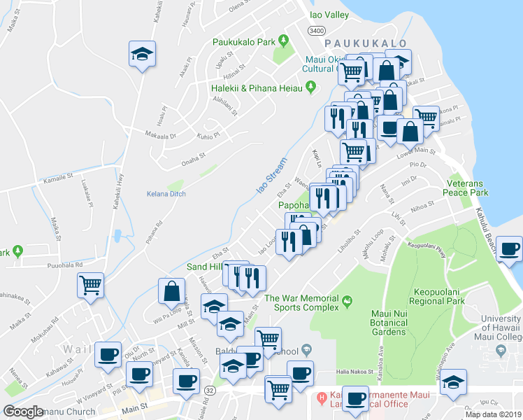 map of restaurants, bars, coffee shops, grocery stores, and more near 8 Iao Place in Wailuku