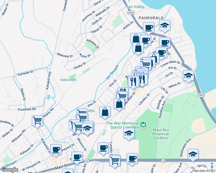 map of restaurants, bars, coffee shops, grocery stores, and more near 8 Iao Place in Wailuku