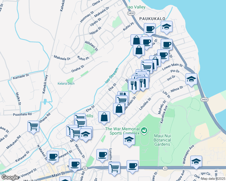 map of restaurants, bars, coffee shops, grocery stores, and more near 12 Waipaa Lane in Wailuku
