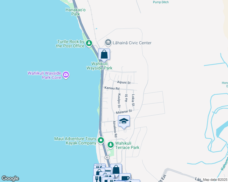 map of restaurants, bars, coffee shops, grocery stores, and more near 1664 Ainakea Road in Lahaina