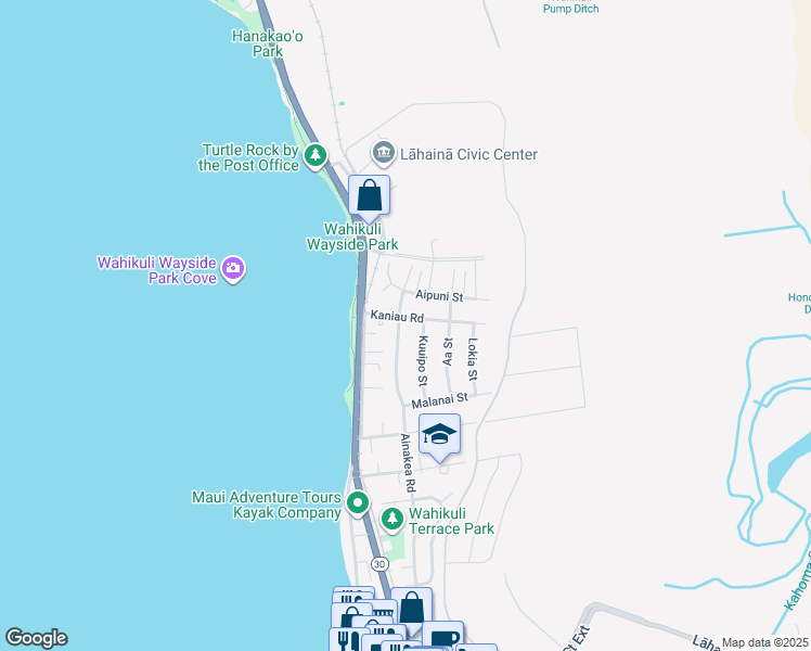 map of restaurants, bars, coffee shops, grocery stores, and more near 1664 Ainakea Road in Lahaina