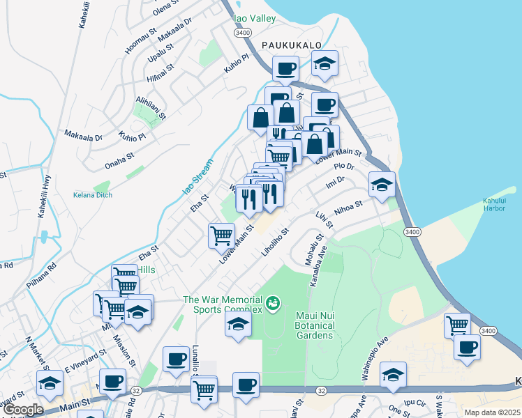 map of restaurants, bars, coffee shops, grocery stores, and more near 234 Pua Place in Wailuku