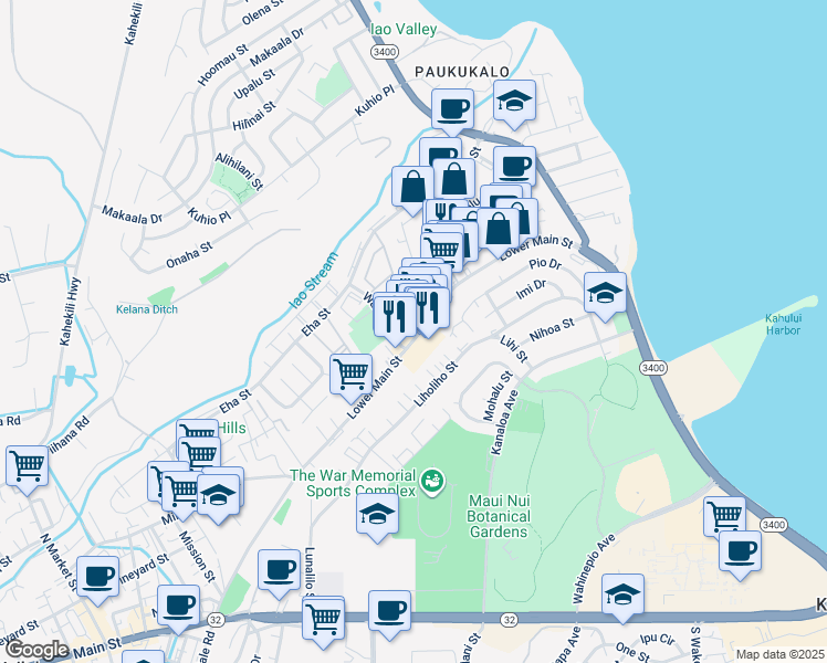 map of restaurants, bars, coffee shops, grocery stores, and more near 234 Pua Place in Wailuku
