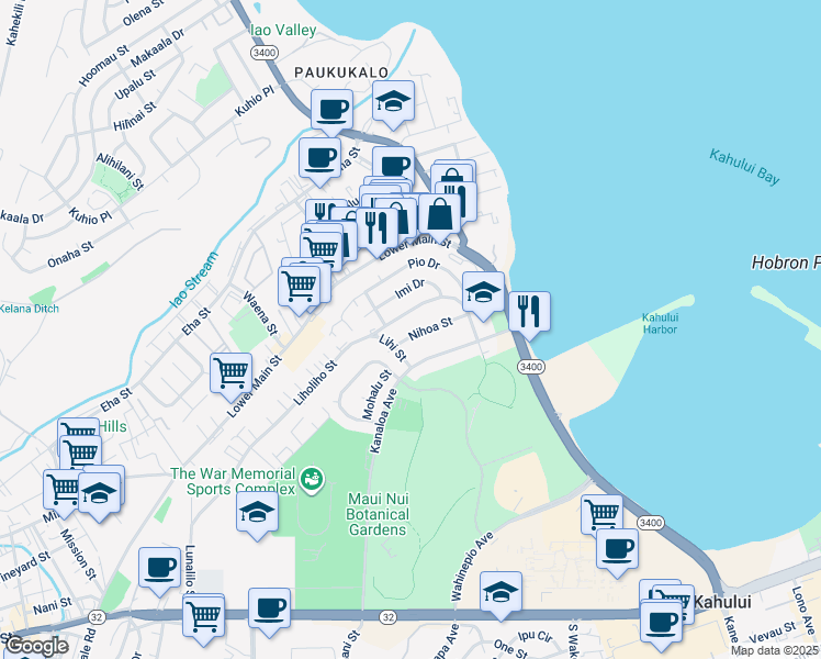 map of restaurants, bars, coffee shops, grocery stores, and more near 363 Nihoa Street in Kahului