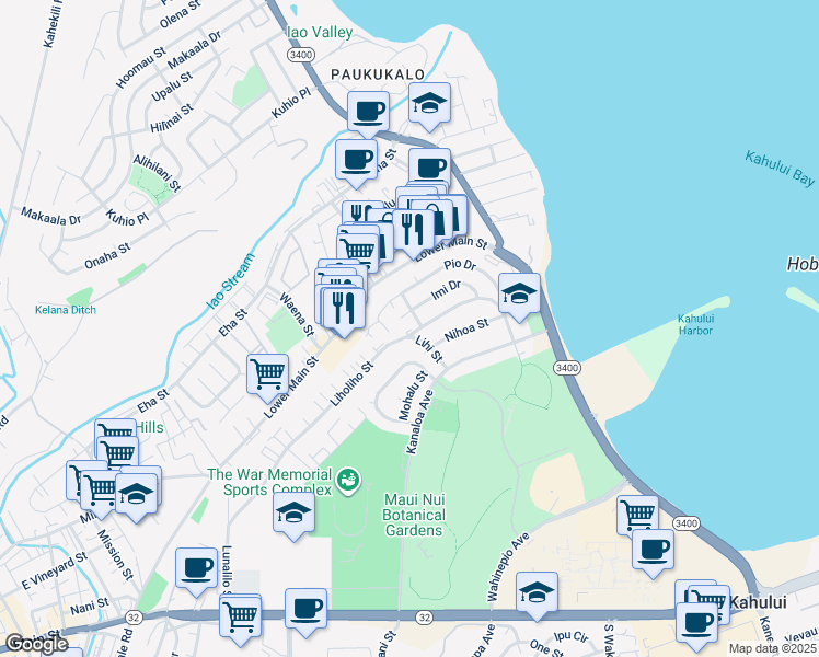 map of restaurants, bars, coffee shops, grocery stores, and more near 515 Liholiho Street in Wailuku