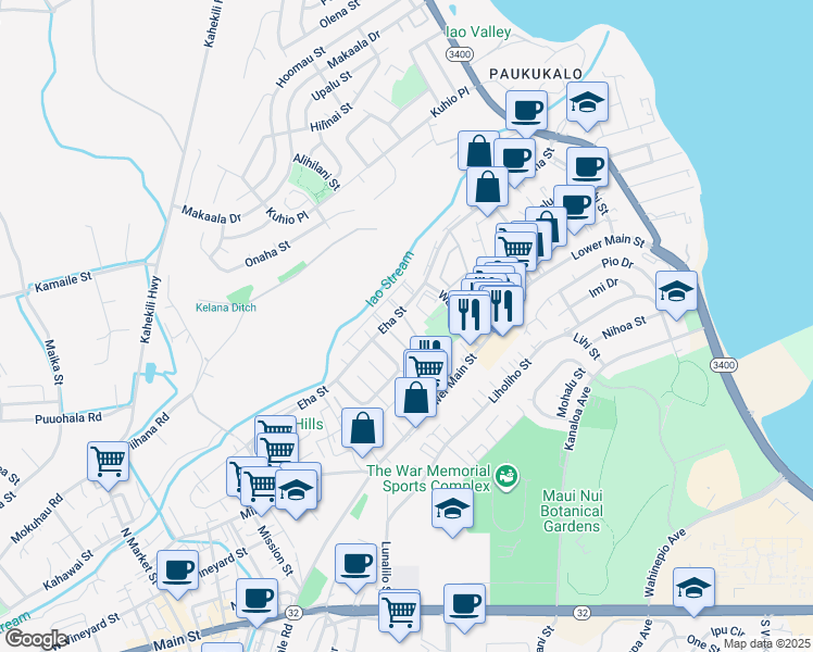 map of restaurants, bars, coffee shops, grocery stores, and more near 33 Waiaka Lane in Wailuku
