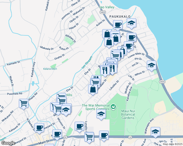 map of restaurants, bars, coffee shops, grocery stores, and more near 9 Waiaka Lane in Wailuku