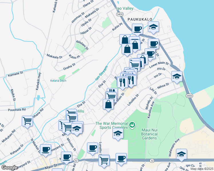 map of restaurants, bars, coffee shops, grocery stores, and more near 33 Waiaka Lane in Wailuku