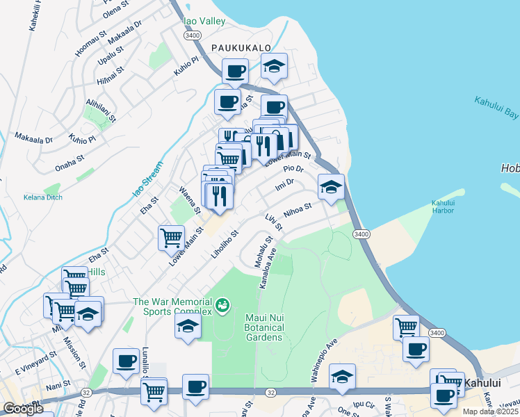 map of restaurants, bars, coffee shops, grocery stores, and more near 515 Liholiho Street in Wailuku