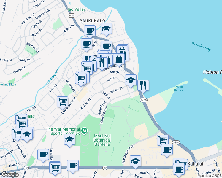 map of restaurants, bars, coffee shops, grocery stores, and more near 363 Nihoa Street in Kahului