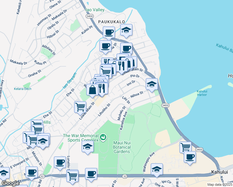 map of restaurants, bars, coffee shops, grocery stores, and more near 510 Imi Place in Wailuku