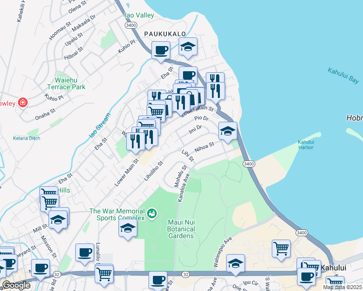 map of restaurants, bars, coffee shops, grocery stores, and more near 1684 Nana Street in Wailuku