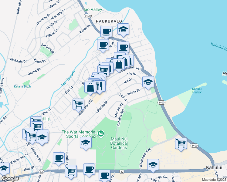 map of restaurants, bars, coffee shops, grocery stores, and more near 480 Pio Drive in Wailuku