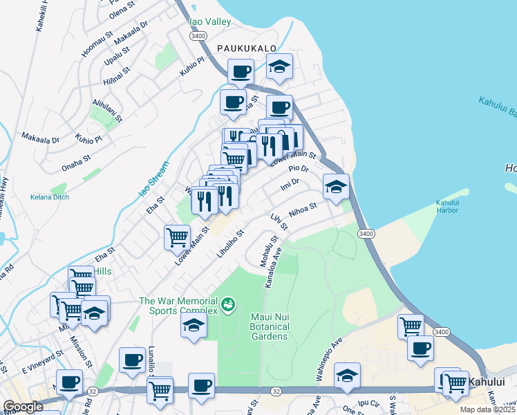 map of restaurants, bars, coffee shops, grocery stores, and more near 510 Imi Place in Wailuku