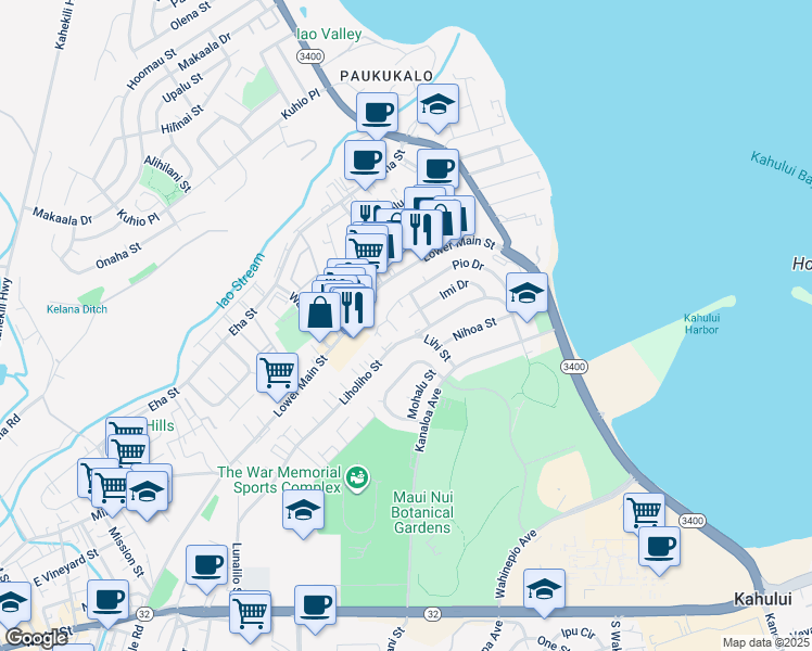 map of restaurants, bars, coffee shops, grocery stores, and more near 510 Imi Place in Wailuku