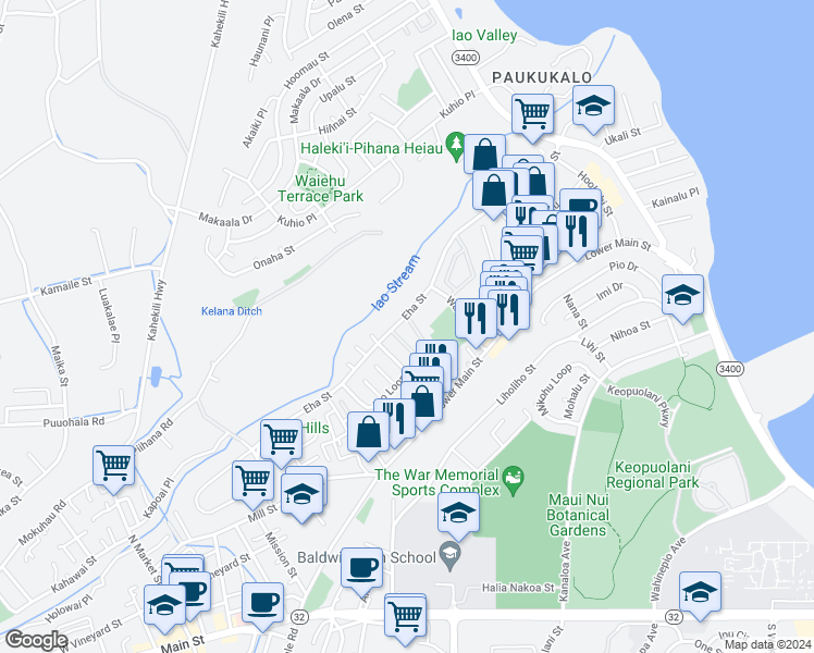 map of restaurants, bars, coffee shops, grocery stores, and more near 21 Waiaka Lane in Wailuku
