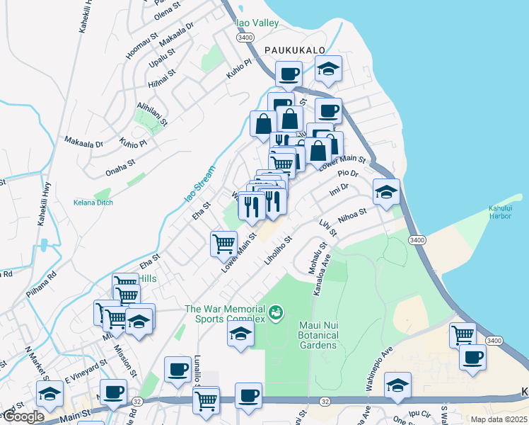 map of restaurants, bars, coffee shops, grocery stores, and more near 1050 Lower Main Street in Wailuku
