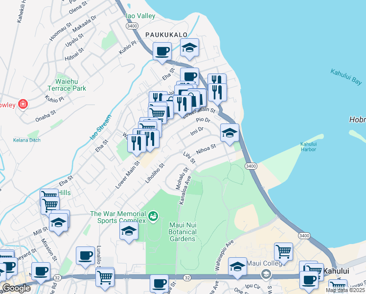 map of restaurants, bars, coffee shops, grocery stores, and more near 1683 Nana Street in Wailuku