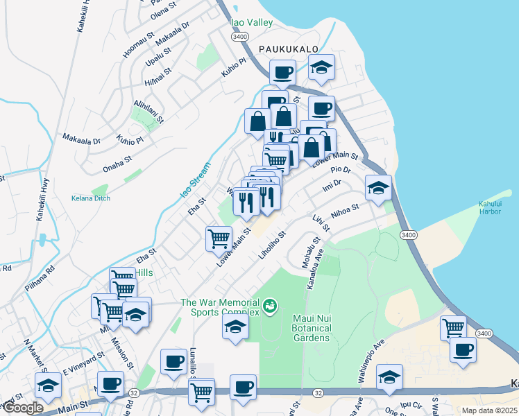 map of restaurants, bars, coffee shops, grocery stores, and more near 1050 Lower Main Street in Wailuku