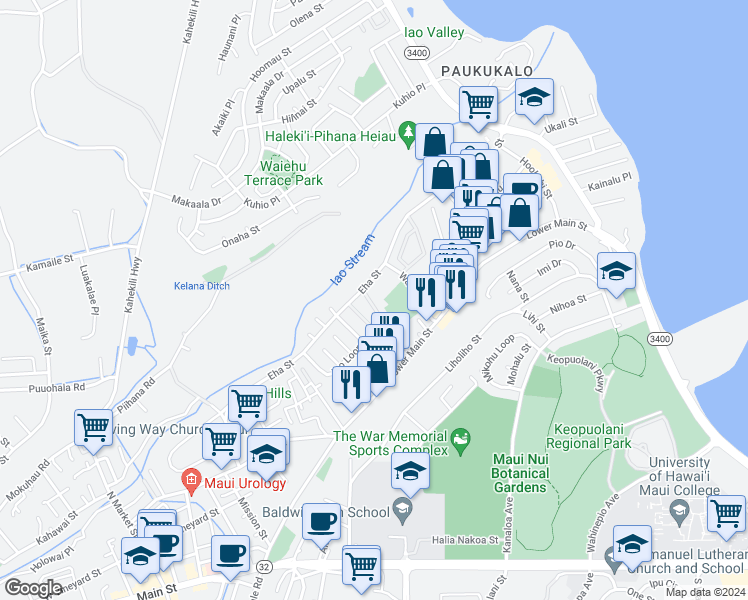 map of restaurants, bars, coffee shops, grocery stores, and more near 34 Waiaka Lane in Wailuku