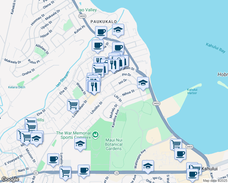 map of restaurants, bars, coffee shops, grocery stores, and more near 1682 Nana Street in Wailuku