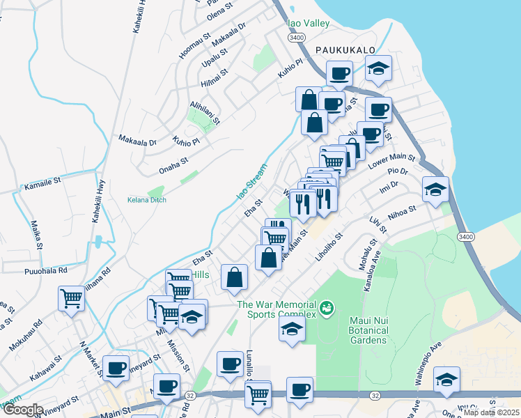 map of restaurants, bars, coffee shops, grocery stores, and more near 21 Waiaka Lane in Wailuku