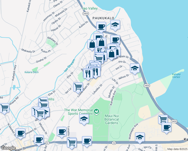 map of restaurants, bars, coffee shops, grocery stores, and more near 1032 Lower Main Street in Wailuku