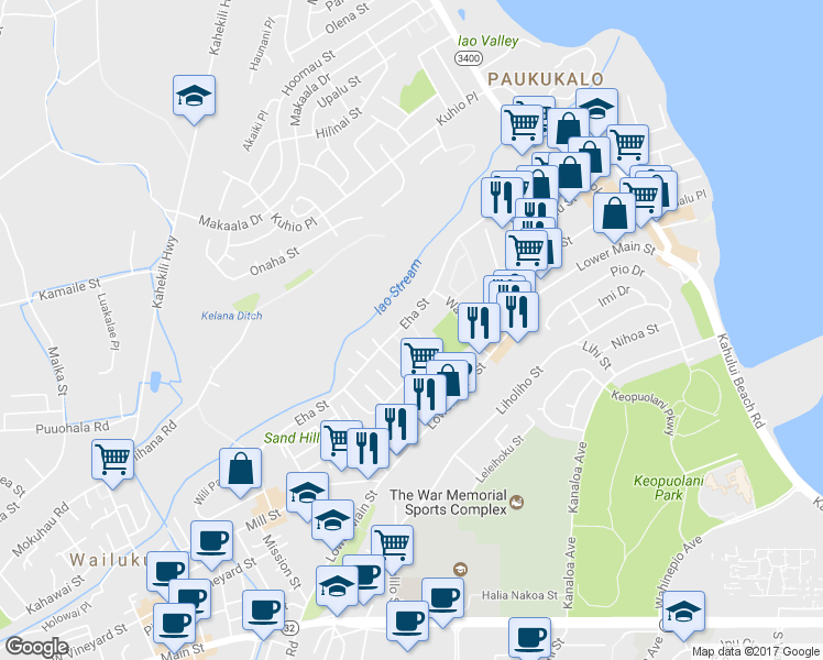 map of restaurants, bars, coffee shops, grocery stores, and more near 21 Waiaka Lane in Wailuku
